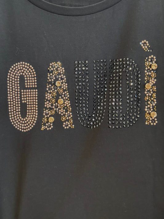 T-shirt nera da donna in jersey con strass e borchie