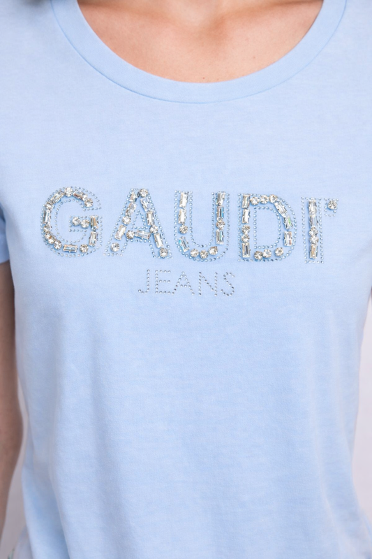 T-shirt azzurra bianca da donna con strass