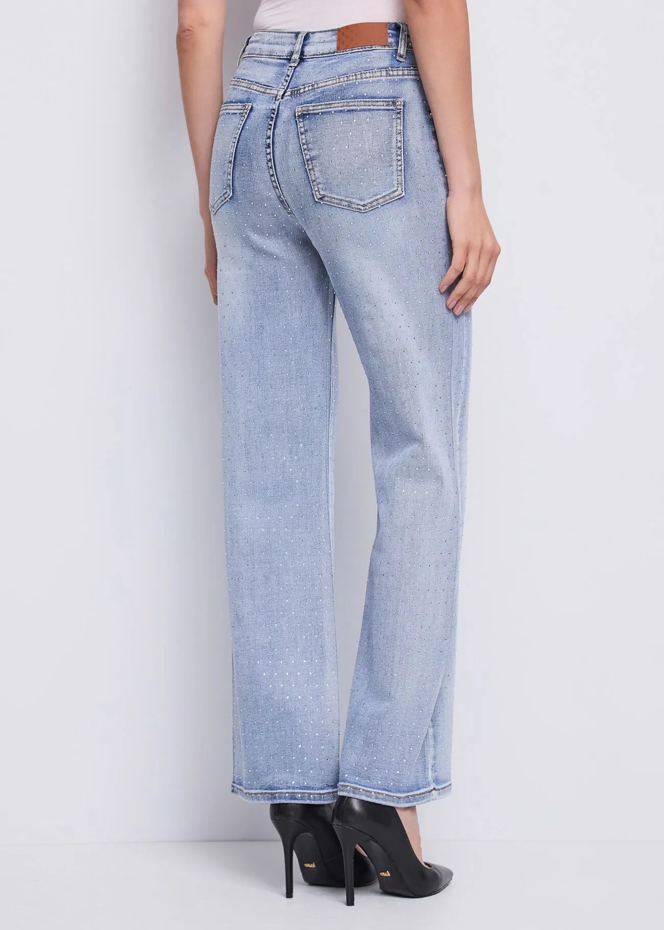 Jeans wide leg da donna in cotone con strass