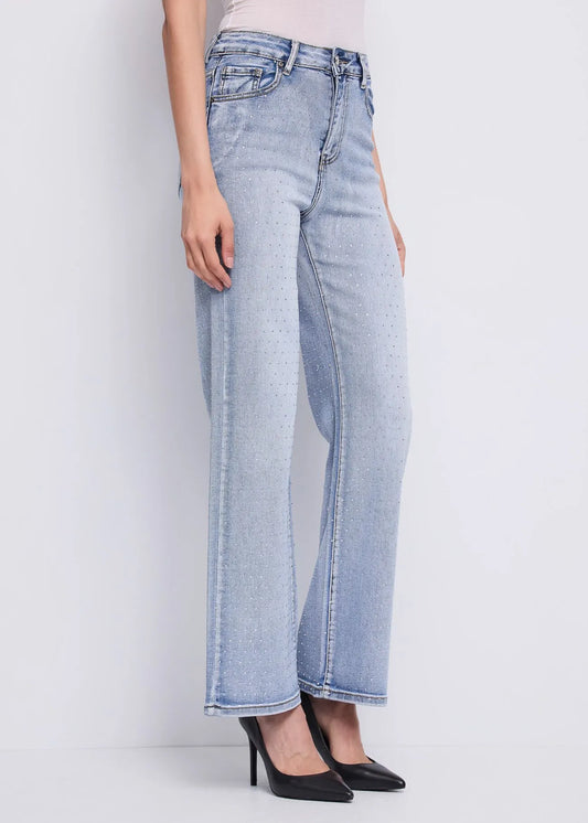 Jeans wide leg da donna in cotone con strass
