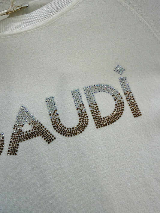Maglia panna da donna con logo e strass