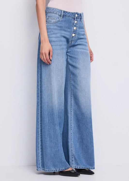 Jeans wide leg da donna in cotone effetto used