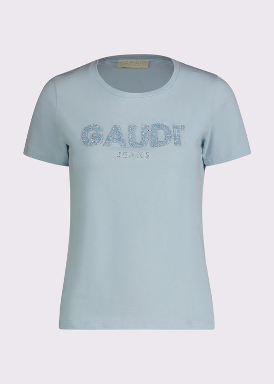 T-shirt azzurra da donna con logo e strass