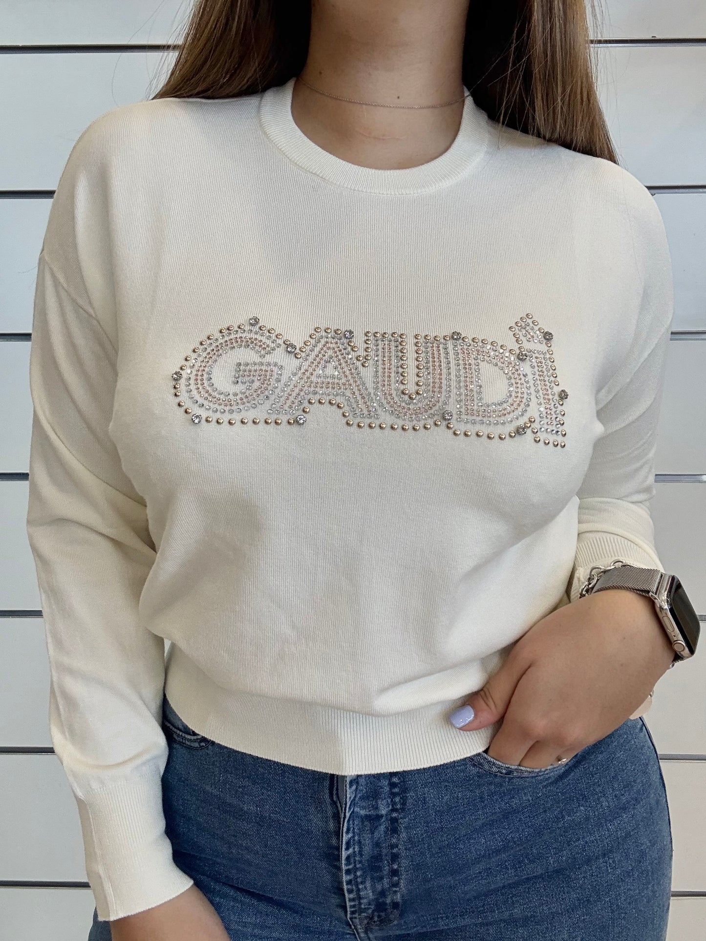 Maglia panna da donna con logo e strass