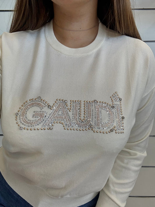 Maglia panna da donna con logo e strass