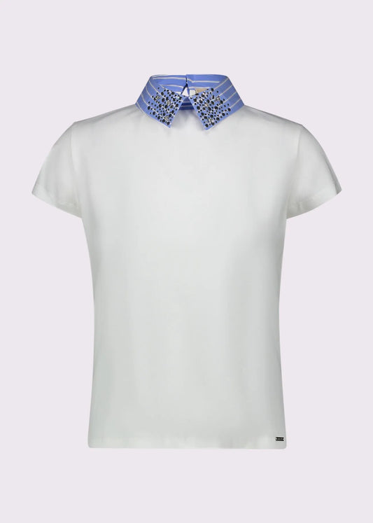 T-shirt bianca da donna con collo a camicia