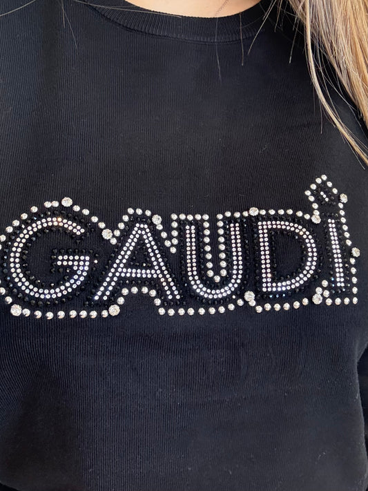 Maglia nera da donna con logo e strass