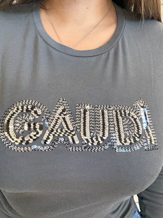 T-shirt grigia da donna con logo e strass