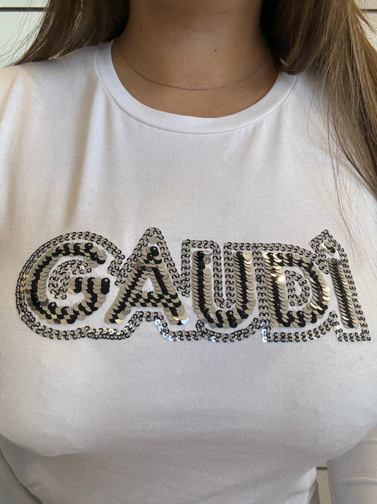 T-shirt bianca da donna con logo e strass