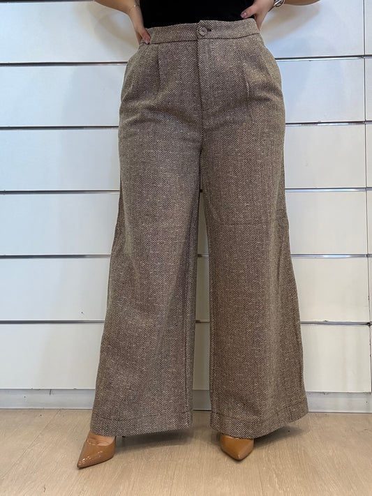 Pantalone largo a pieghe con motivo a spina di pesce