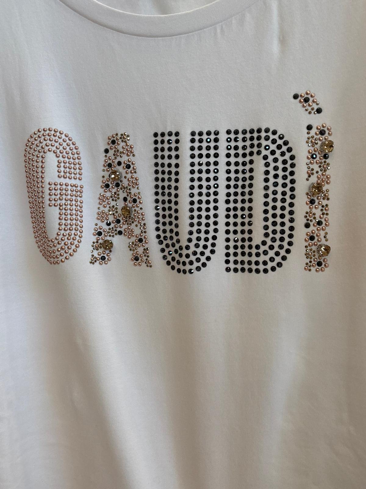 T-shirt bianca da donna in jersey con strass e borchie