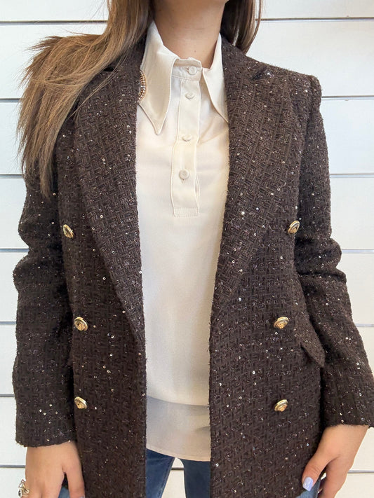 Giacchetta cioccolato Gaudì, blazer da donna in lana e lurex con dettagli eleganti e bottoni dorati