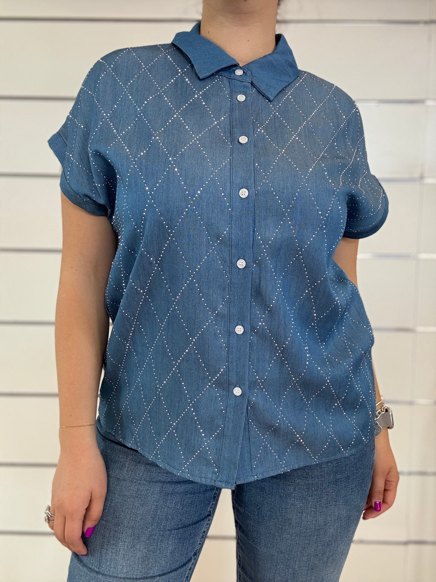 Camicia a maniche corte Gaudì in denim blu con motivo a rombi e bottoni frontali