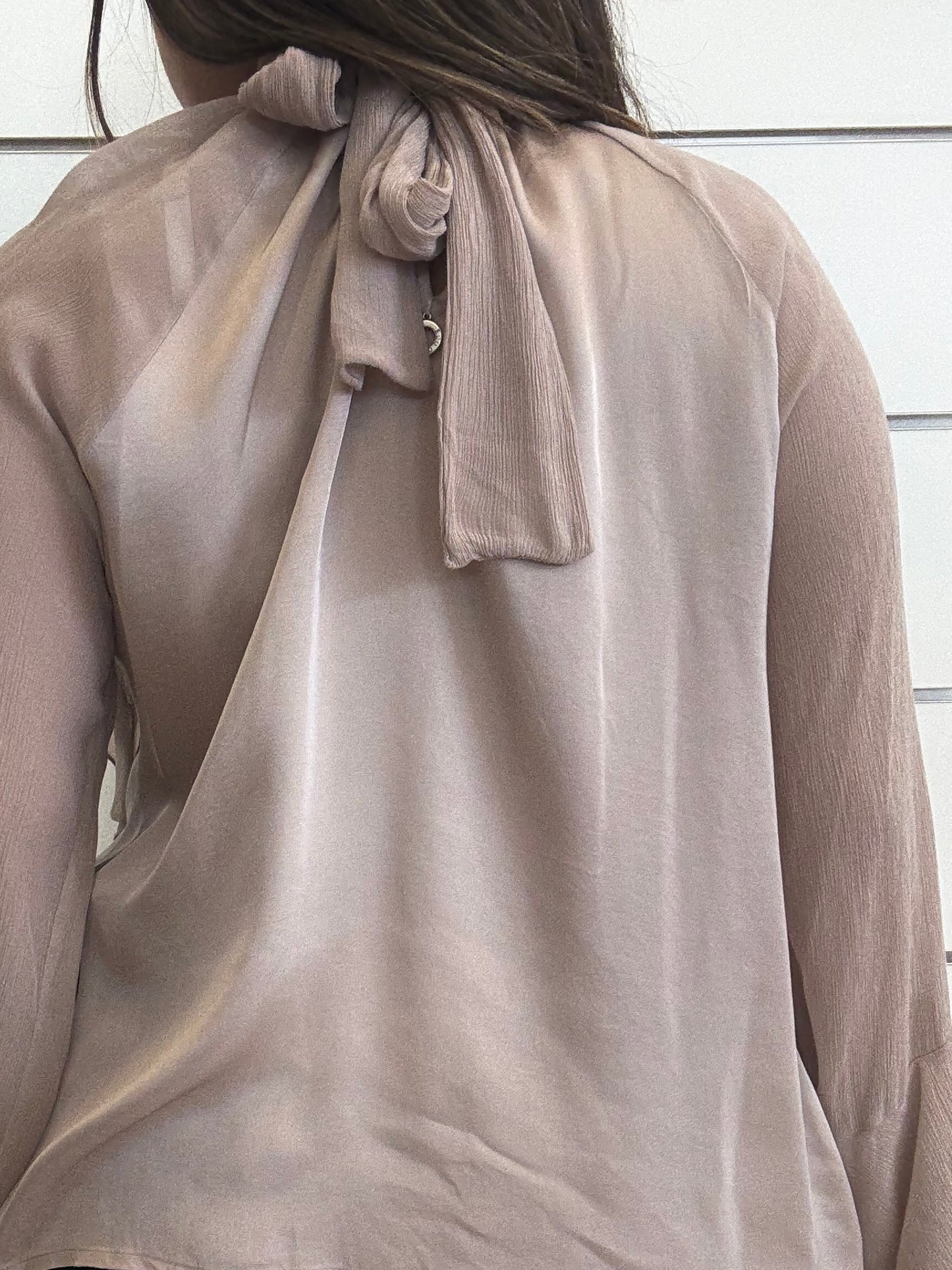Camicia rosa con maniche trasparenti e volant vista dal retro con lacci eleganti