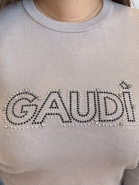 Maglia grigia da donna con logo e strass di Gaudì, elegante e raffinata per ogni occasione