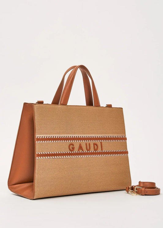 Shopping bag beige con tracolla di Gaudì con manici in pelle e logo elegante