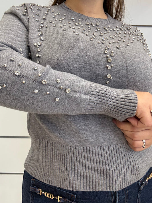 Maglioncino ECO grigio con swarovski per un look elegante e stiloso, con dettagli scintillanti