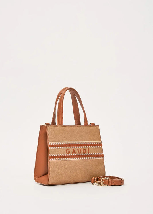 Borsa a mano Gaudì in beige con tracolla e dettagli a contrasto, ideale per lo shopping