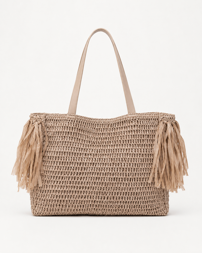 Borsa in rafia con dettagli in ecopelle