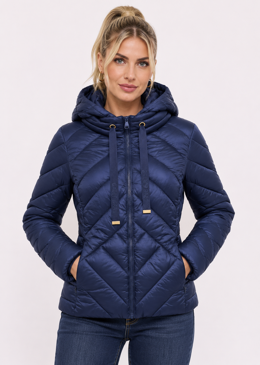 Piumino corto da donna in nylon con cappuccio blu elettrico