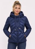 Piumino corto da donna in nylon con cappuccio blu elettrico