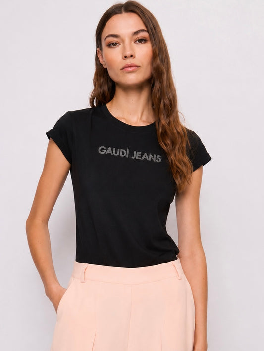 T-shirt nera da donna con strass e logo