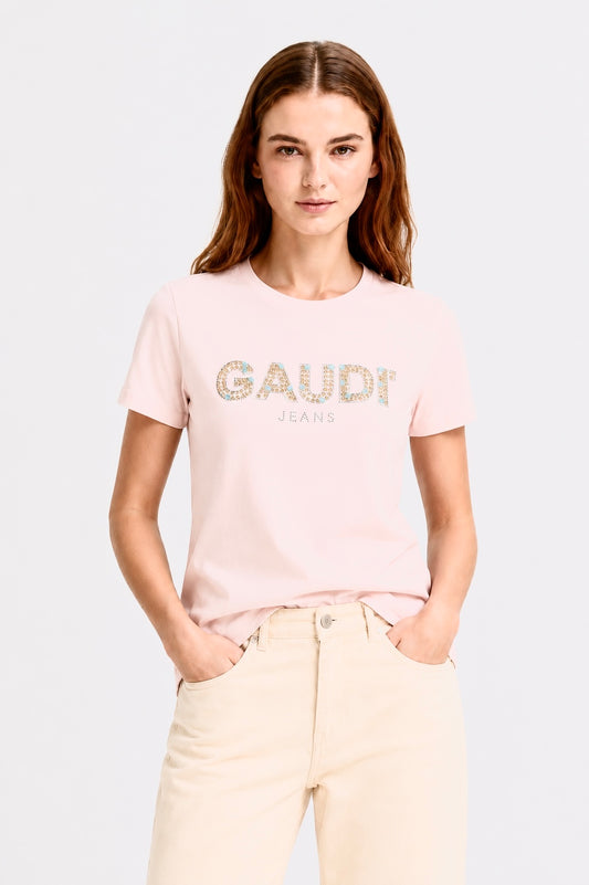 T-shirt rosa da donna con logo e strass
