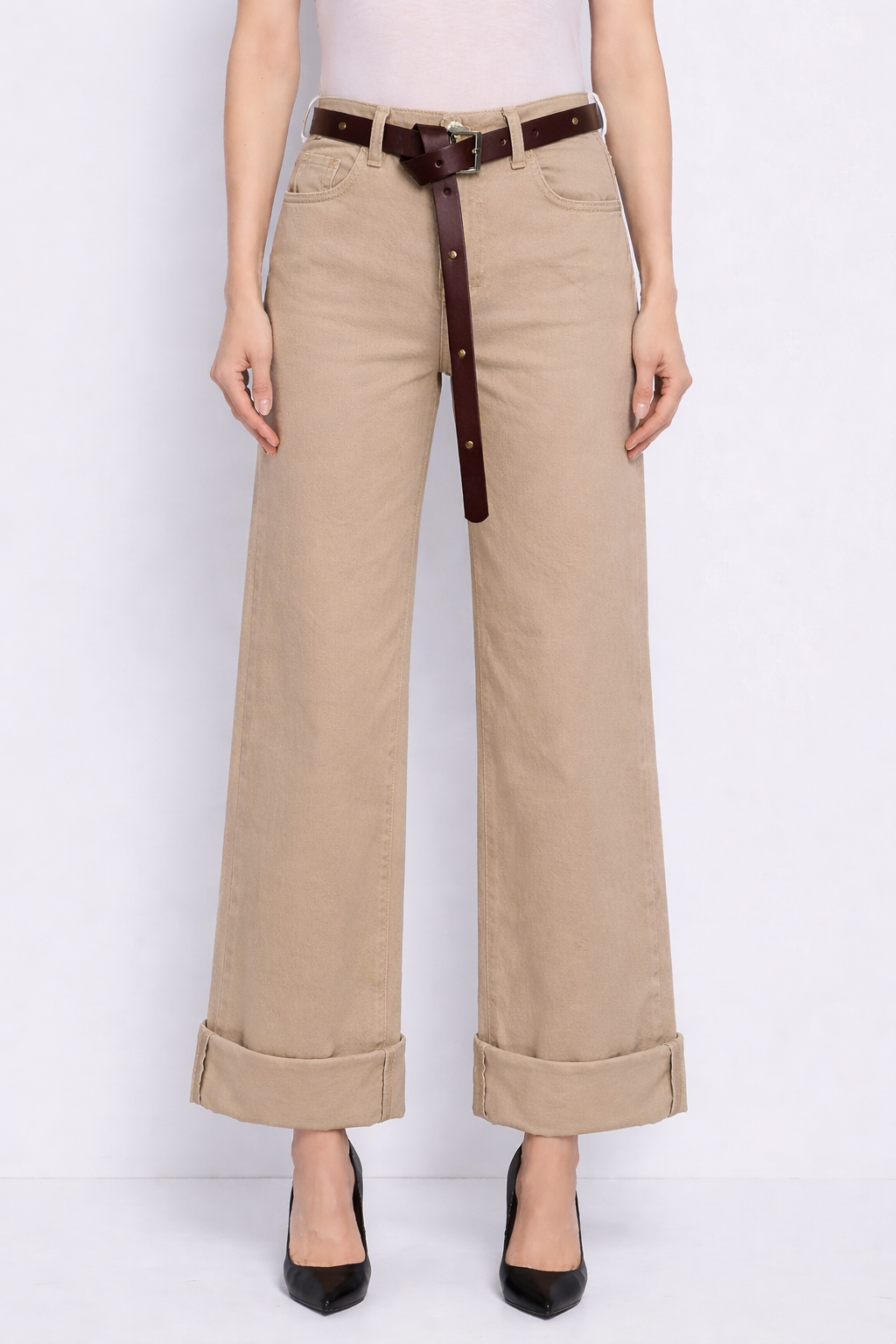 Jeans beige con risvolto