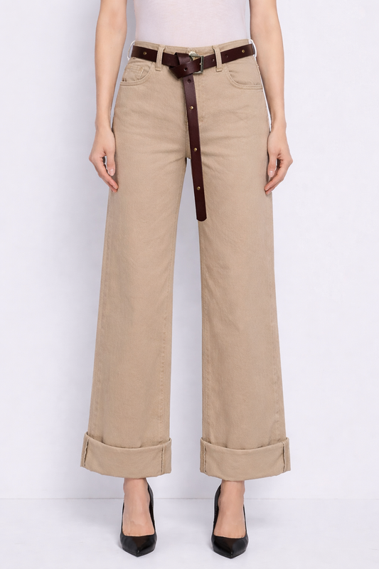 Jeans beige con risvolto
