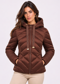 Piumino corto da donna in nylon con cappuccio marrone