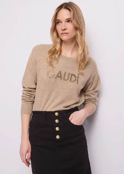 Maglia beige da donna con borchie e strass