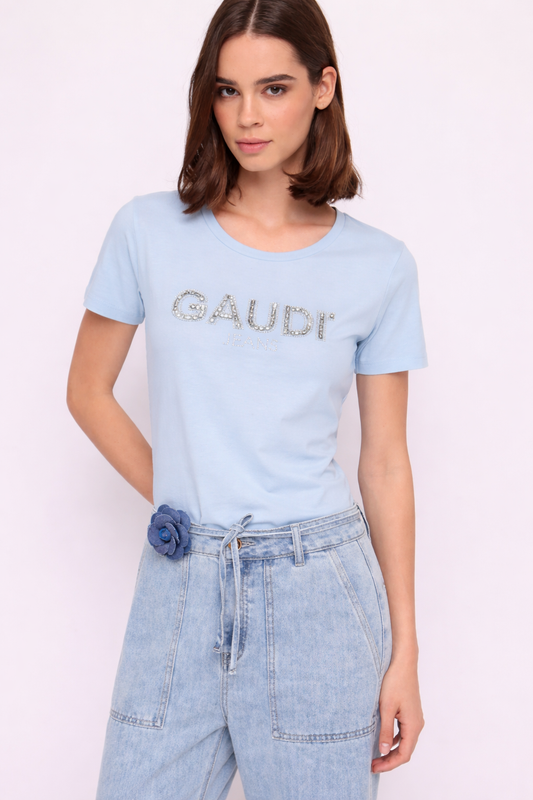 T-shirt azzurra bianca da donna con strass