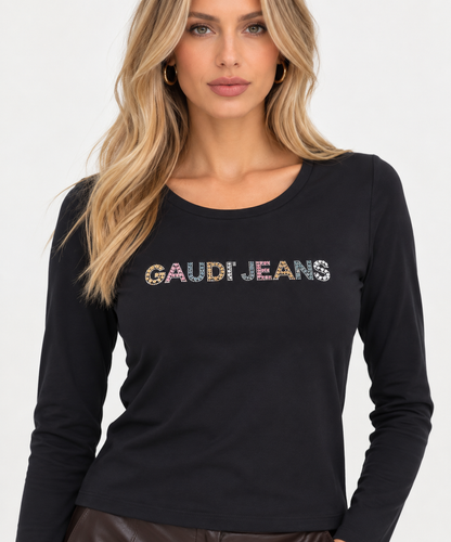 T-shirt nera da donna in jersey elasticizzato