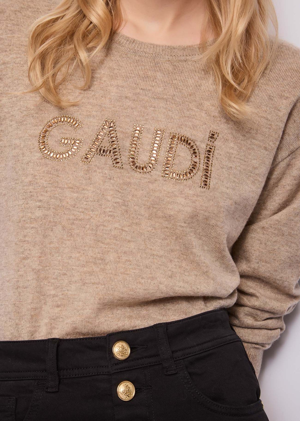 Maglia beige da donna con borchie e strass