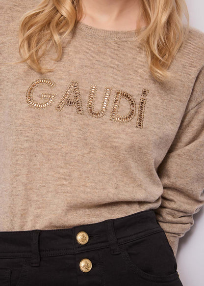 Maglia beige da donna con borchie e strass