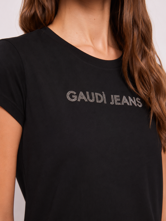 T-shirt nera da donna con strass e logo