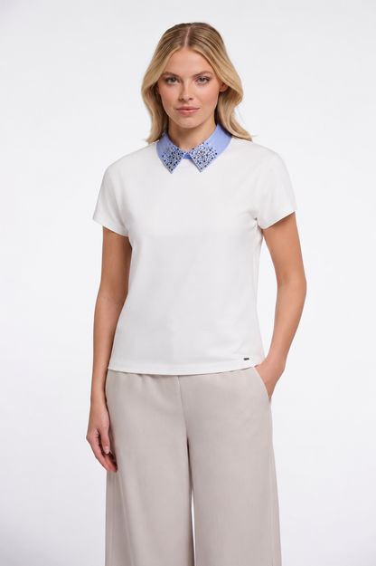 T-shirt bianca da donna con collo a camicia
