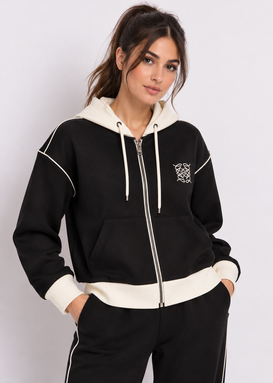Felpa nera da donna con cappuccio e zip