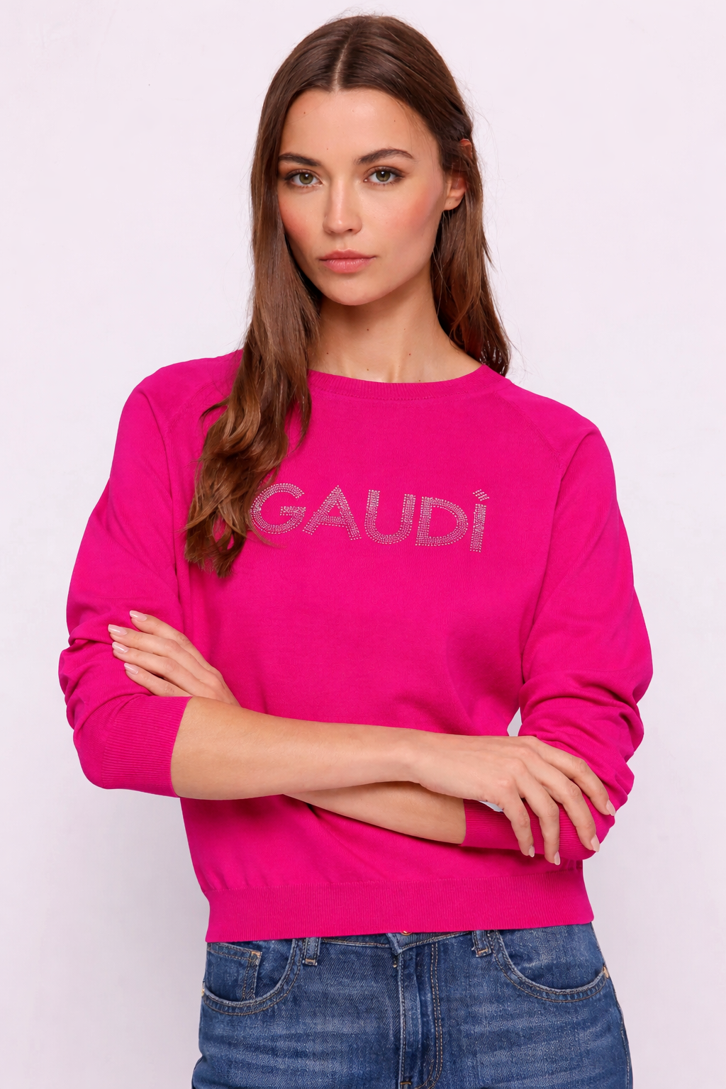 Maglia fucsia da donna con logo e strass