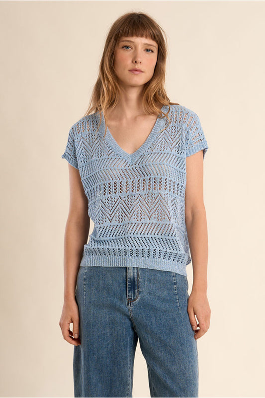 T-shirt lavorata a maglia azzurra