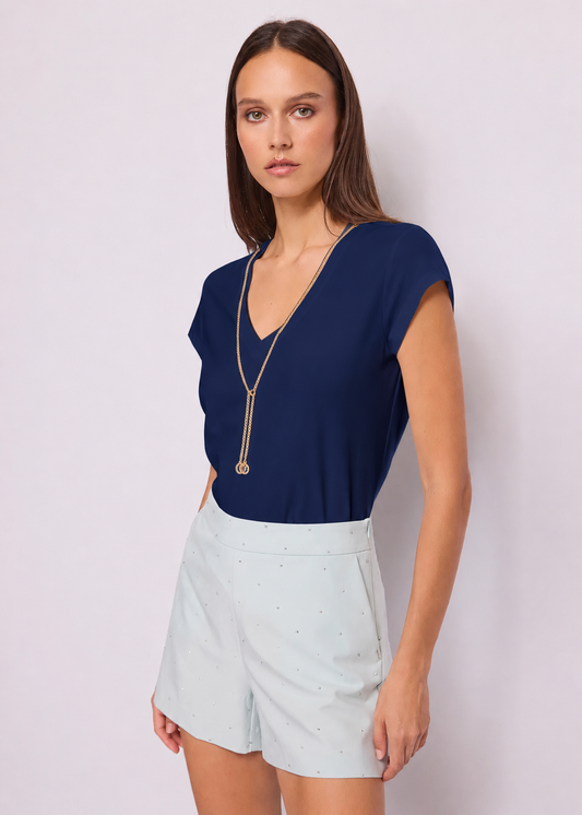 T-shirt blu da donna con scollo a V