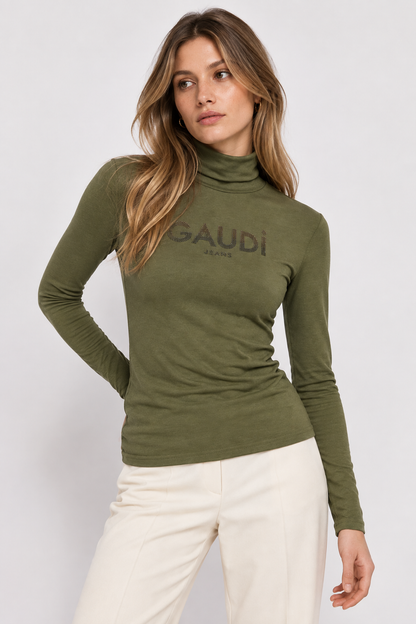 T-shirt da donna con collo dolcevita e logo