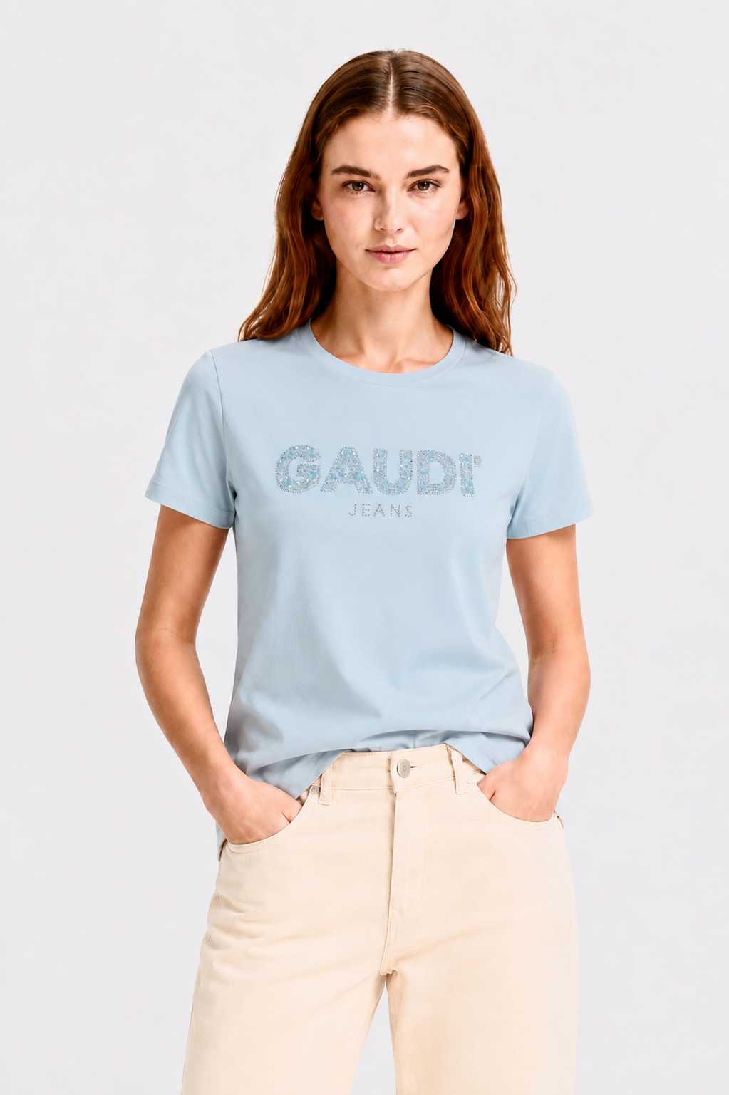 T-shirt azzurra da donna con logo e strass