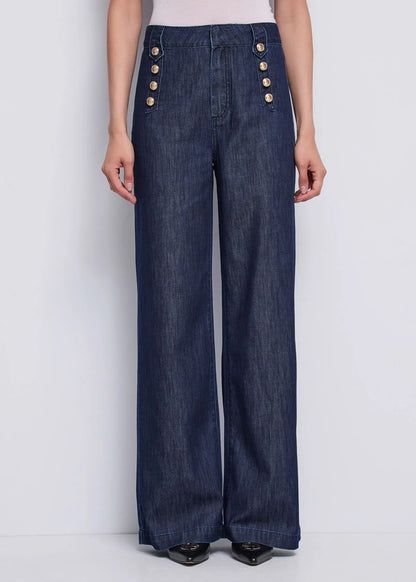 Jeans wide leg da donna con bottoni dorati