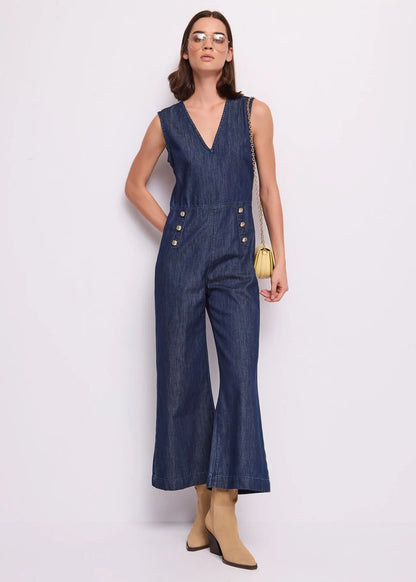 Tuta da donna in denim con bottoni dorati
