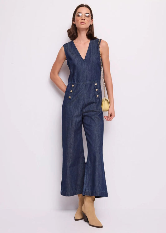 Tuta da donna in denim con bottoni dorati