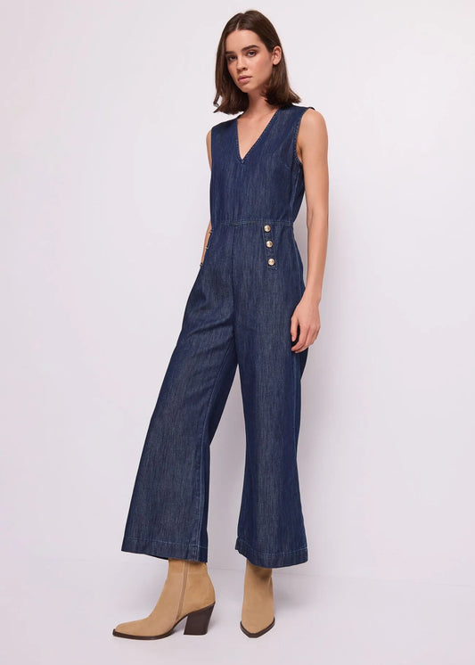 Tuta da donna in denim con bottoni dorati