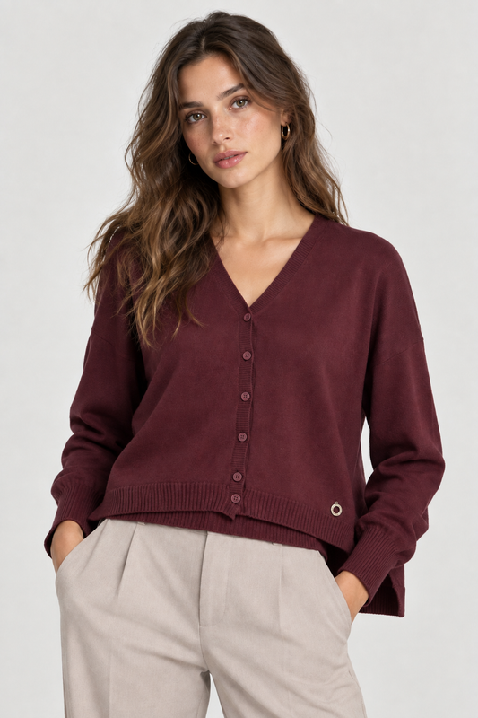 Cardigan bordeaux con scollo a "V"
