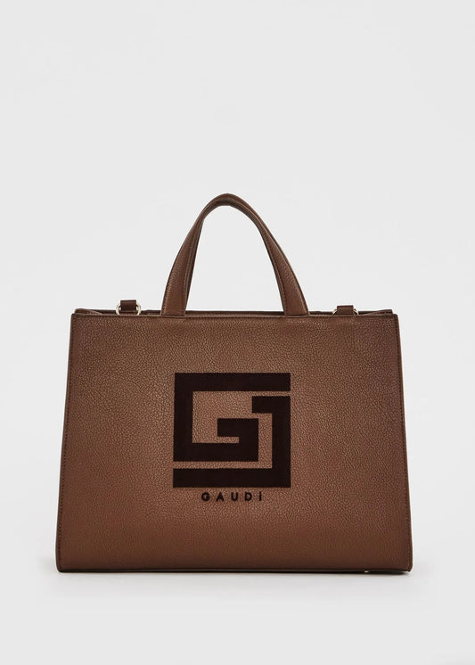 Shopping bag marrone con logo e tracolla
