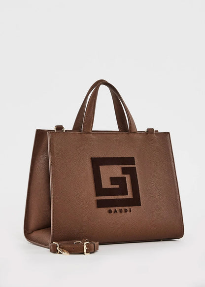 Shopping bag marrone con logo e tracolla